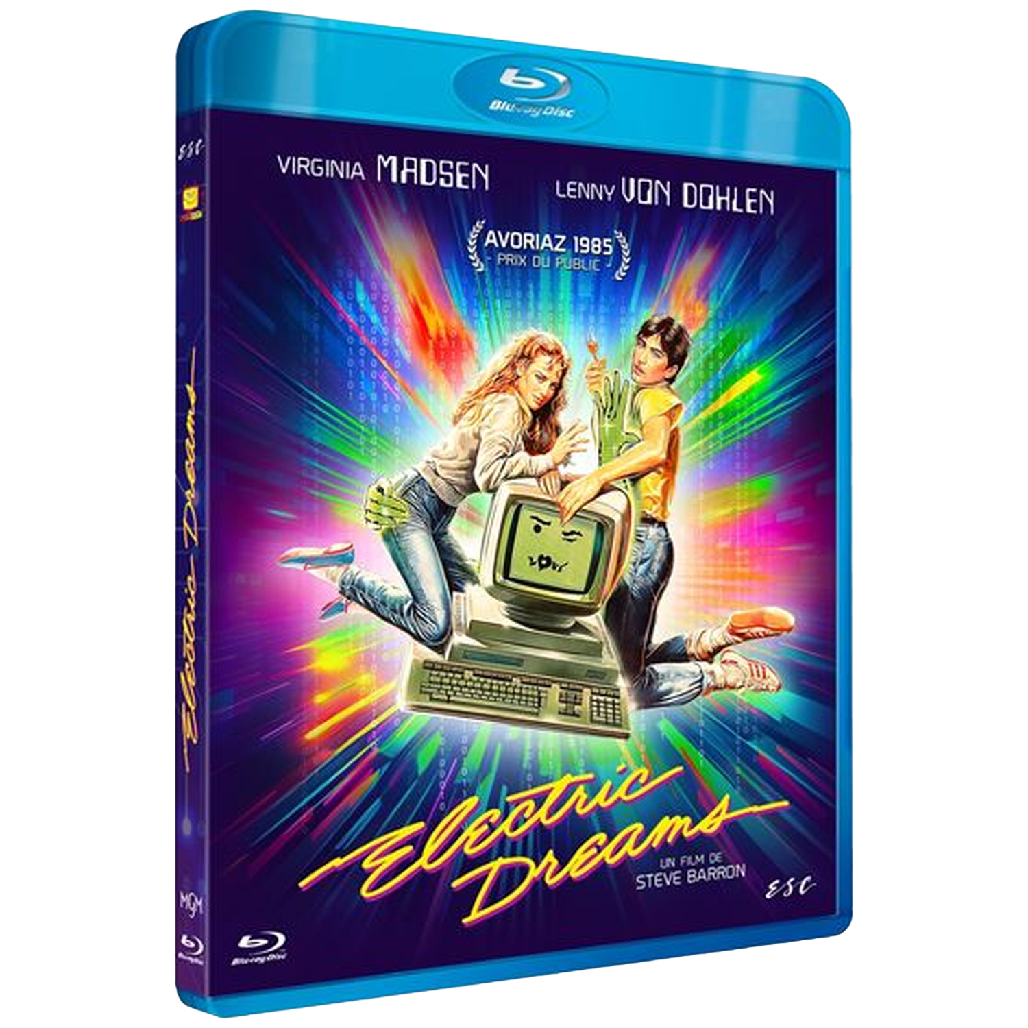 Blu-ray cover voor Electric Dreams. Een vrouw en een man worden getoond bij een retro computer. De titel is in een neonlettertype.