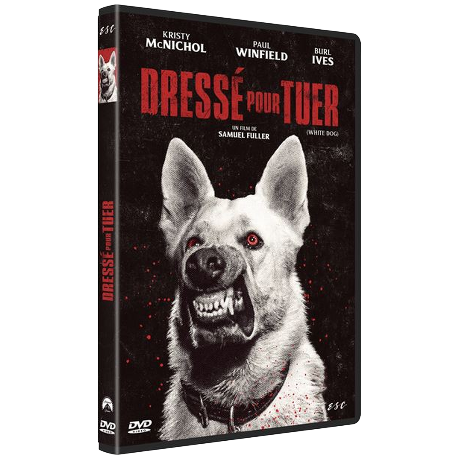 Boîtier DVD avec un chien blanc grognant aux yeux rouges. Le titre est 'Dressed to Kill'.