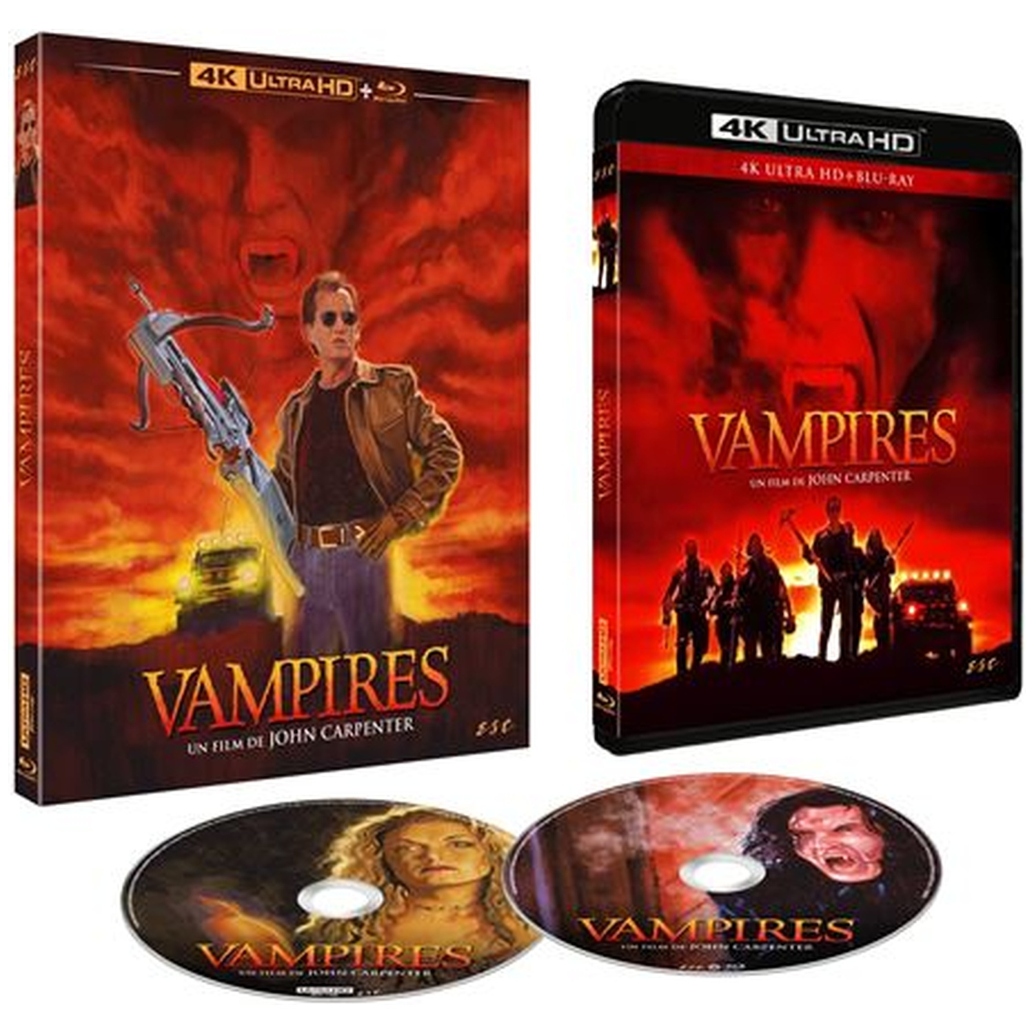 DVD case and disc for the movie Vampires. A man holds a crossbow. Red background with a vampire face. Two discs are shown.