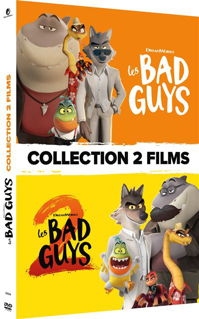 DVD-hoes voor "Les Bad Guys: Collection 2 Films". Het toont geanimeerde personages zoals een wolf, haai en slang op oranje en gele achtergronden.