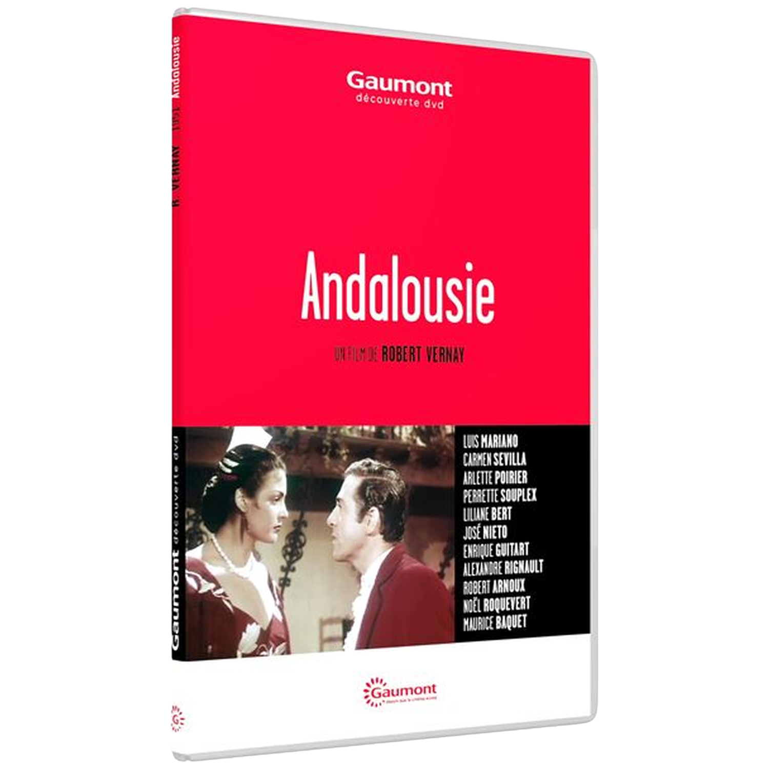 Couverture DVD du film 'Andalousie'. Avec un couple se regardant. Fond rouge avec texte blanc et noms des acteurs.