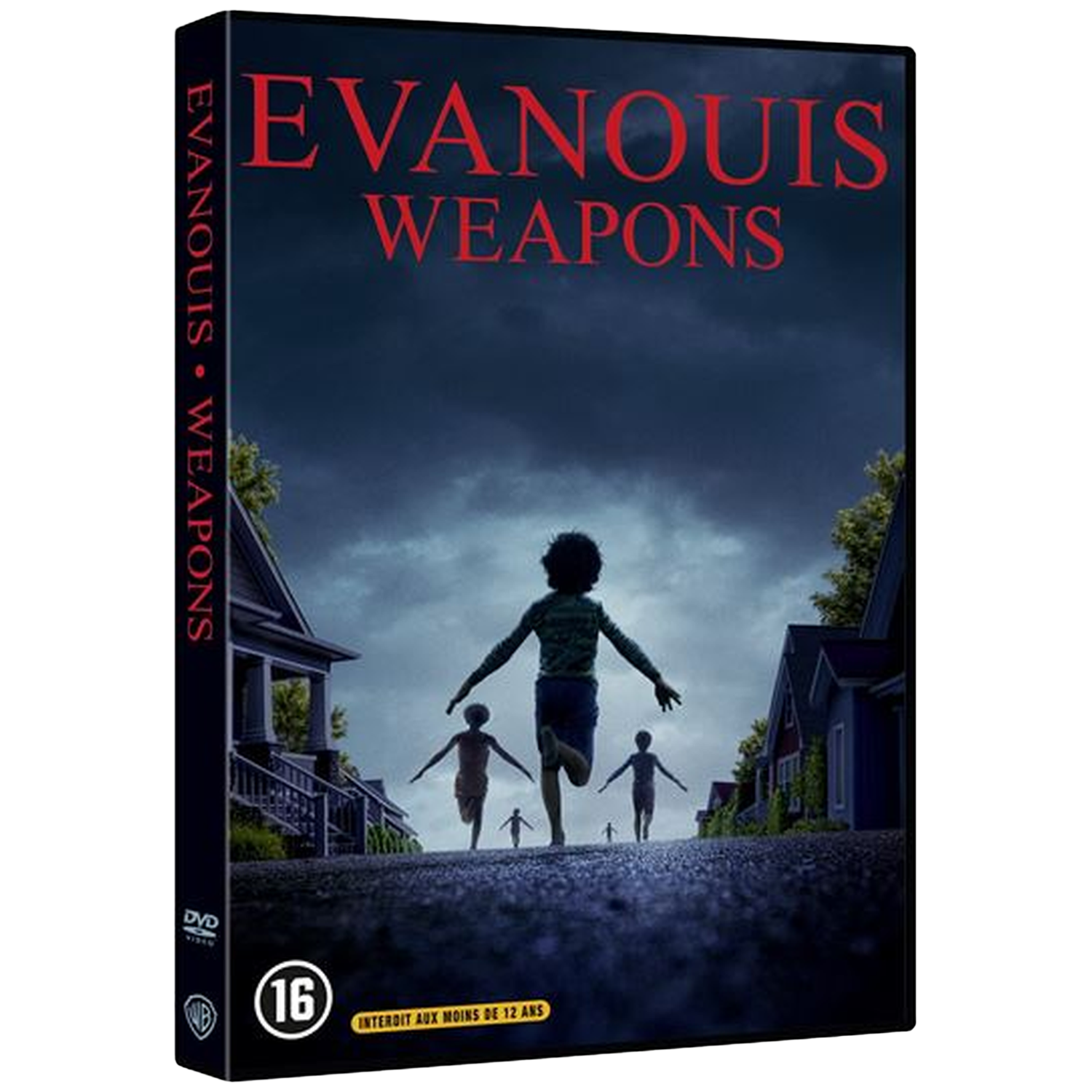 DVD-hoes. Titel: Evanois Weapons. Kinderen rennen een straat af naar de kijker. Donkere lucht, huizen aan weerszijden.