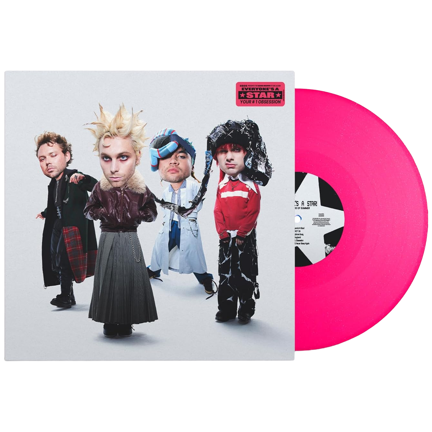 Albumhoes: vier gestileerde figuren, roze vinylplaat. Albumtitel 'Everyone's a Star'. Roze sticker en zwart-wit label.