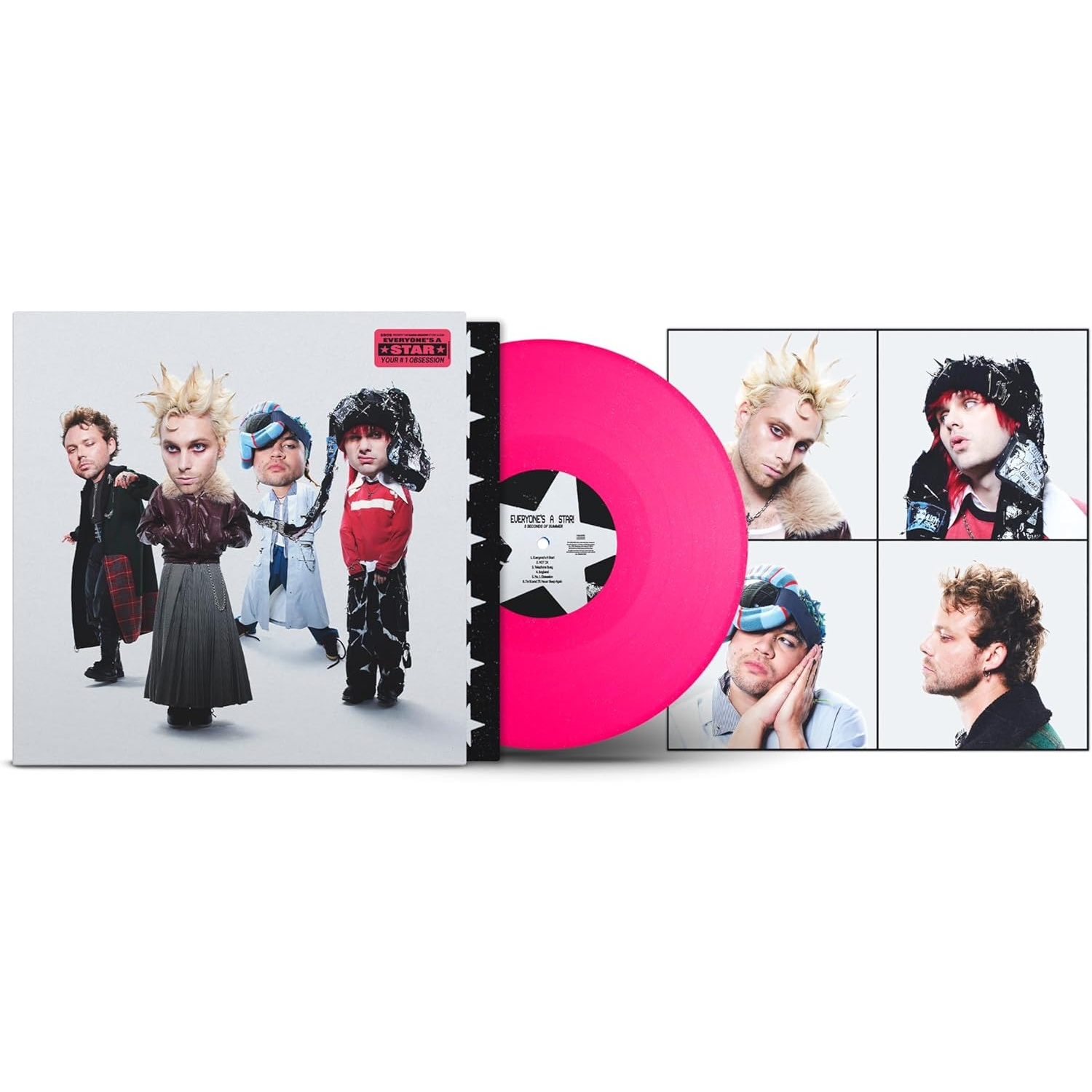 Albumhoes: bandleden met gestileerde hoofden, roze vinylplaat. Zes close-ups in dozen. Albumtitel: Everyone's a Star.