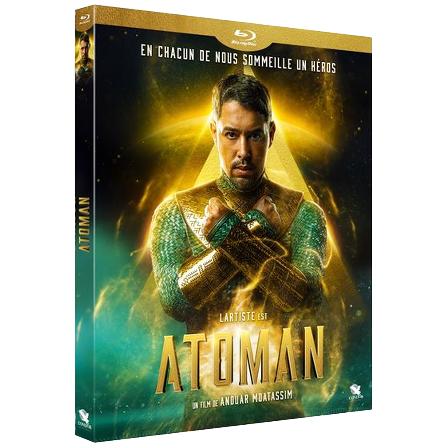 Atomman Blu-ray-hoes. Man in goudkleurig pak. De titel staat in grote gouden letters. De achtergrond heeft gele en groene lichteffecten.