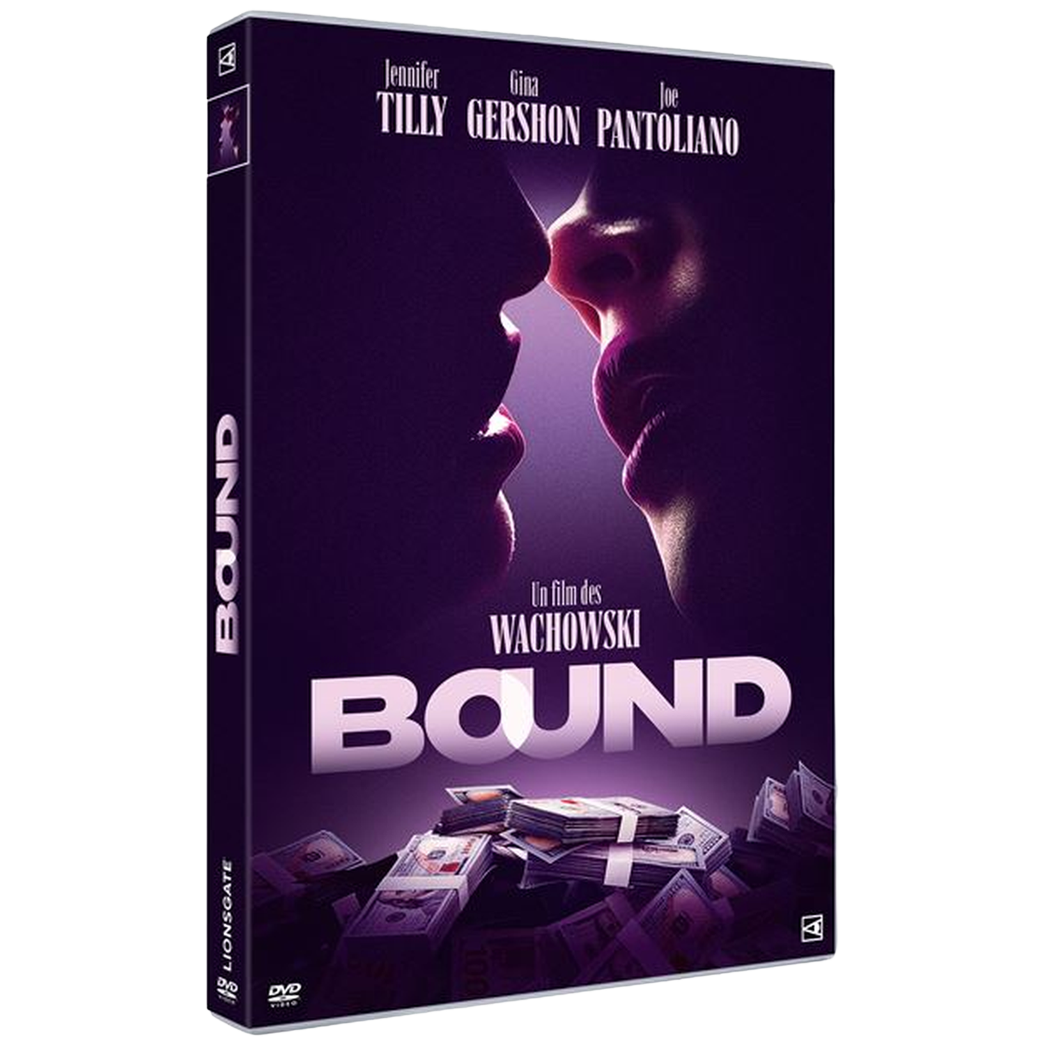 DVD-hoes voor 'Bound'. Twee gezichten dichtbij elkaar, geld op de voorgrond. Titel 'Bound' en namen.
