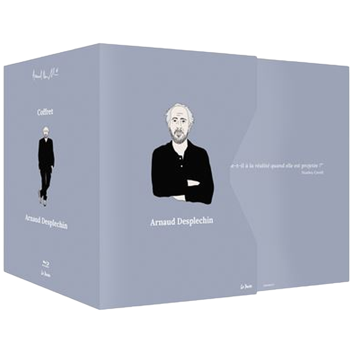 Un coffret Blu-ray avec Arnaud Desplechin. Il comprend des illustrations du réalisateur et des titres en français. La boîte est bleu clair.