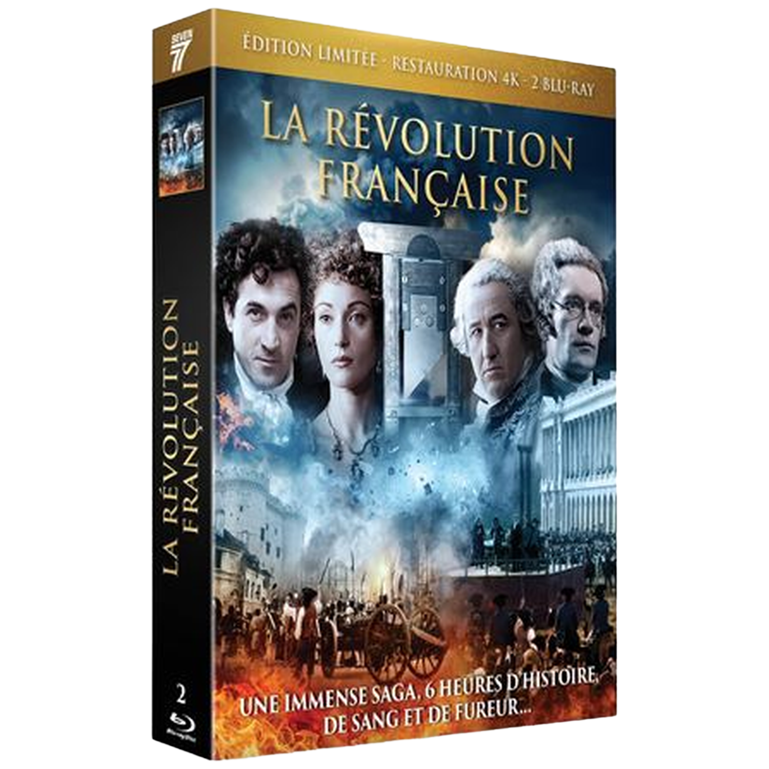 DVD-hoes van 'La Révolution Française' met portretten van acteurs. Titel in het Frans, met historische scène onderaan.