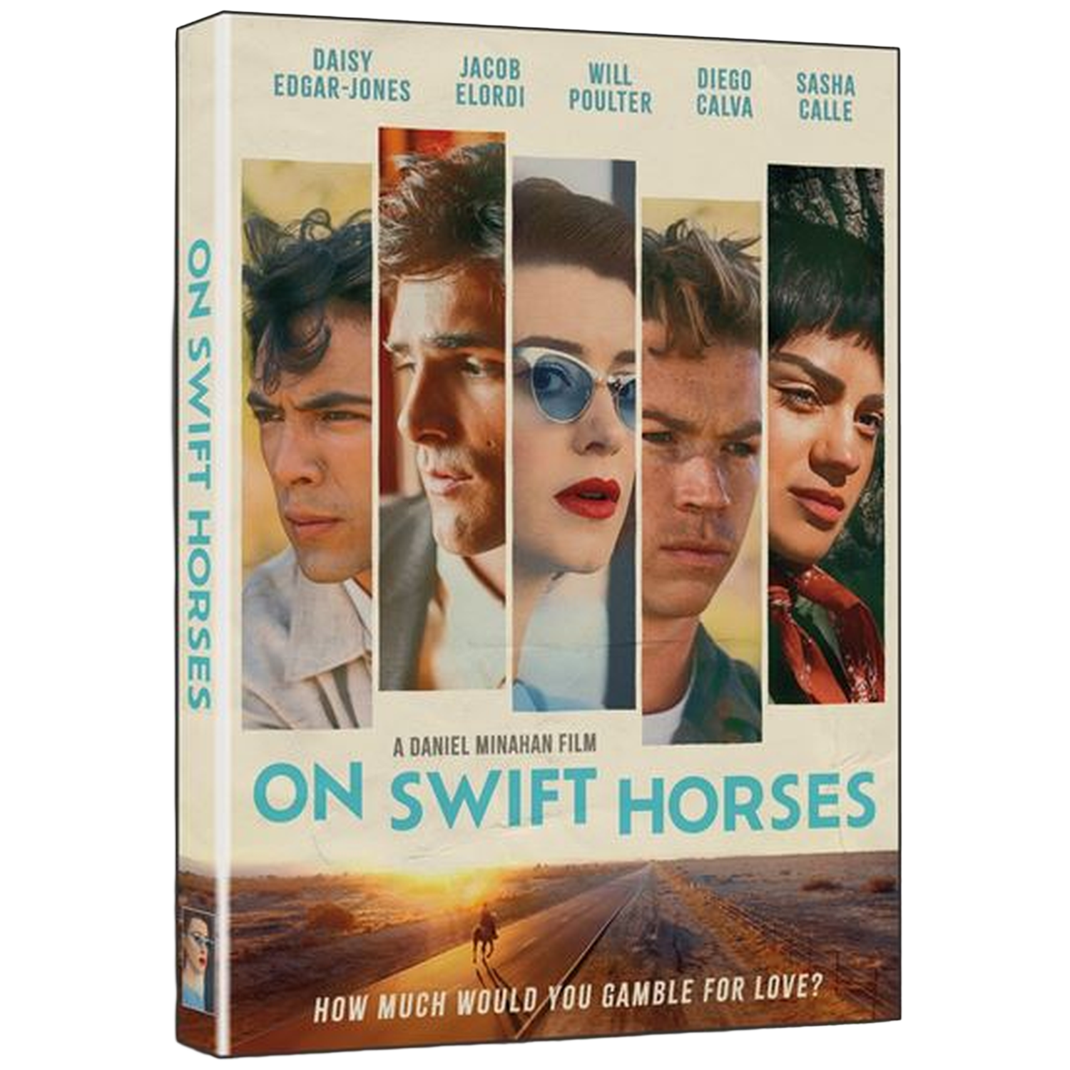 Couverture du DVD. Les visages des acteurs sont répartis sur la couverture. Le titre est 'On Swift Horses'. Une personne à cheval est en bas.