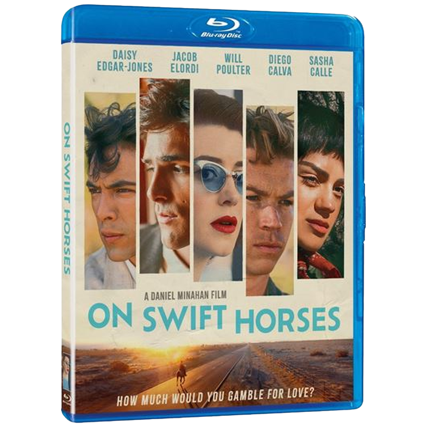 Blu-ray-hoesje voor 'On Swift Horses'. Gezichten van acteurs in verticale stroken. Titel en slogan onderaan. Blauwe disc-case.
