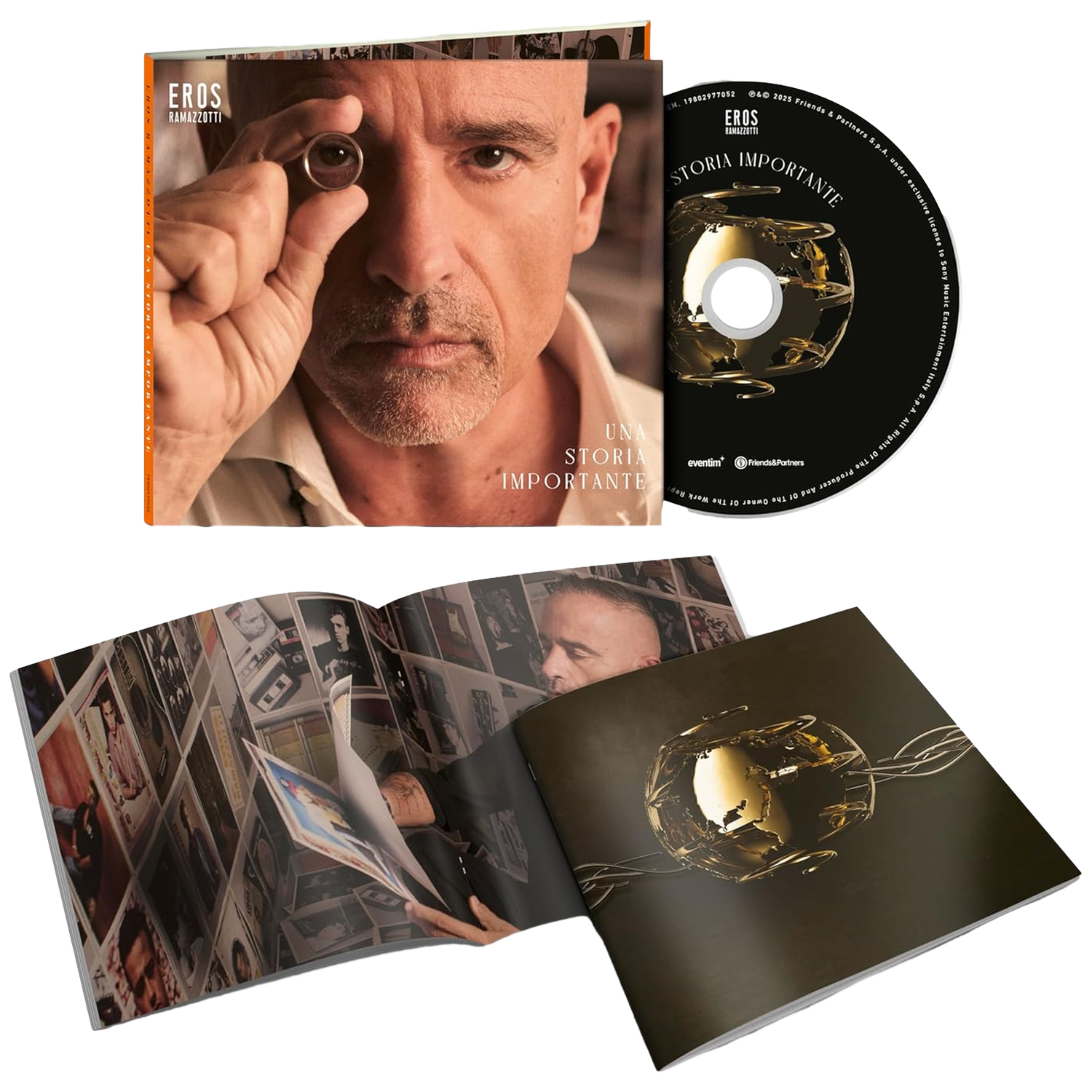 Pochette d'album d'Eros Ramazzotti. Homme tenant un objet en forme d'œil. CD et livret avec illustration et texte de l'album également visibles.