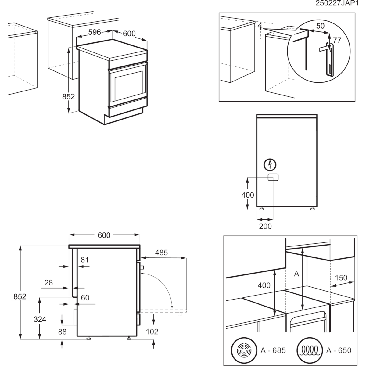 Sütő diagramja mm-ben megadott méretekkel. Felülnézetet, oldalsó és elölnézetet mutat a telepítési méretekkel.