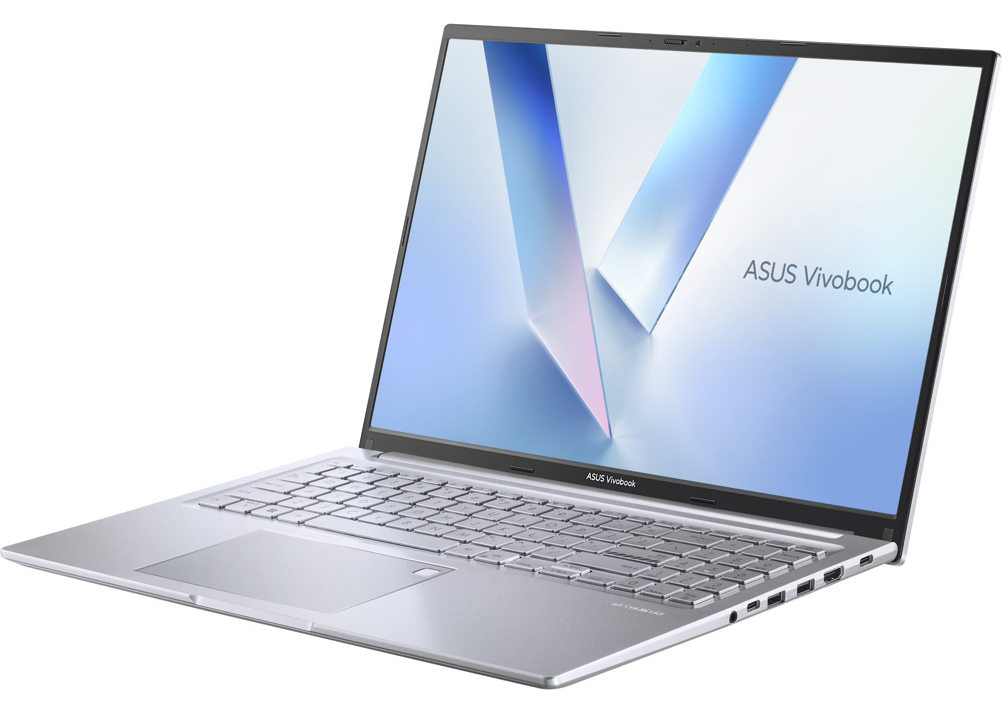 Srebrny laptop ASUS Vivobook. Ekran wyświetla abstrakcyjne niebieskie i białe kształty. Klawiatura i touchpad widoczne.