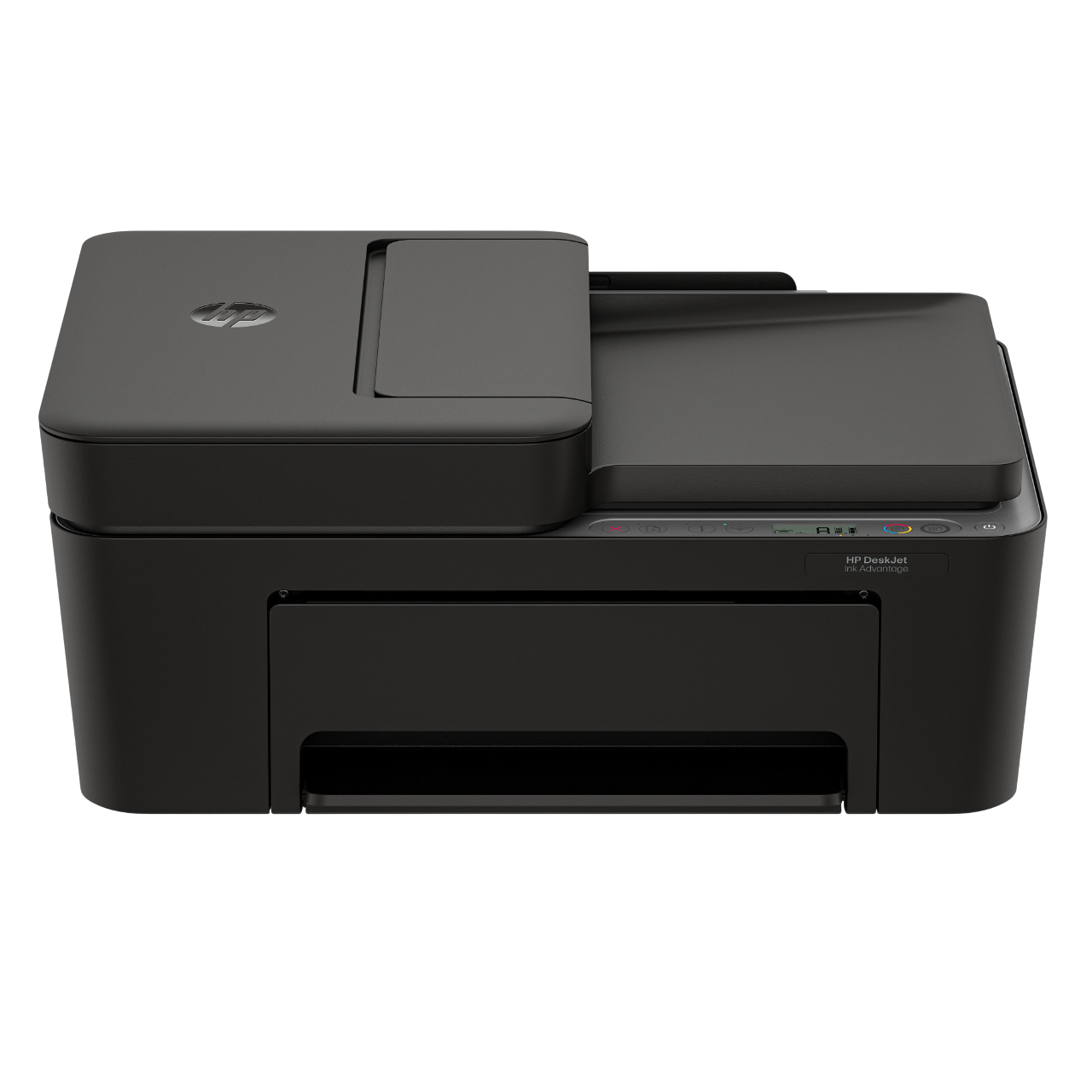 Siyah bir HP DeskJet Ink Advantage yazıcı. Düz yataklı bir tarayıcıya, kağıt çıkış tepsisine ve gösterge ışıklı bir kontrol paneline sahiptir.