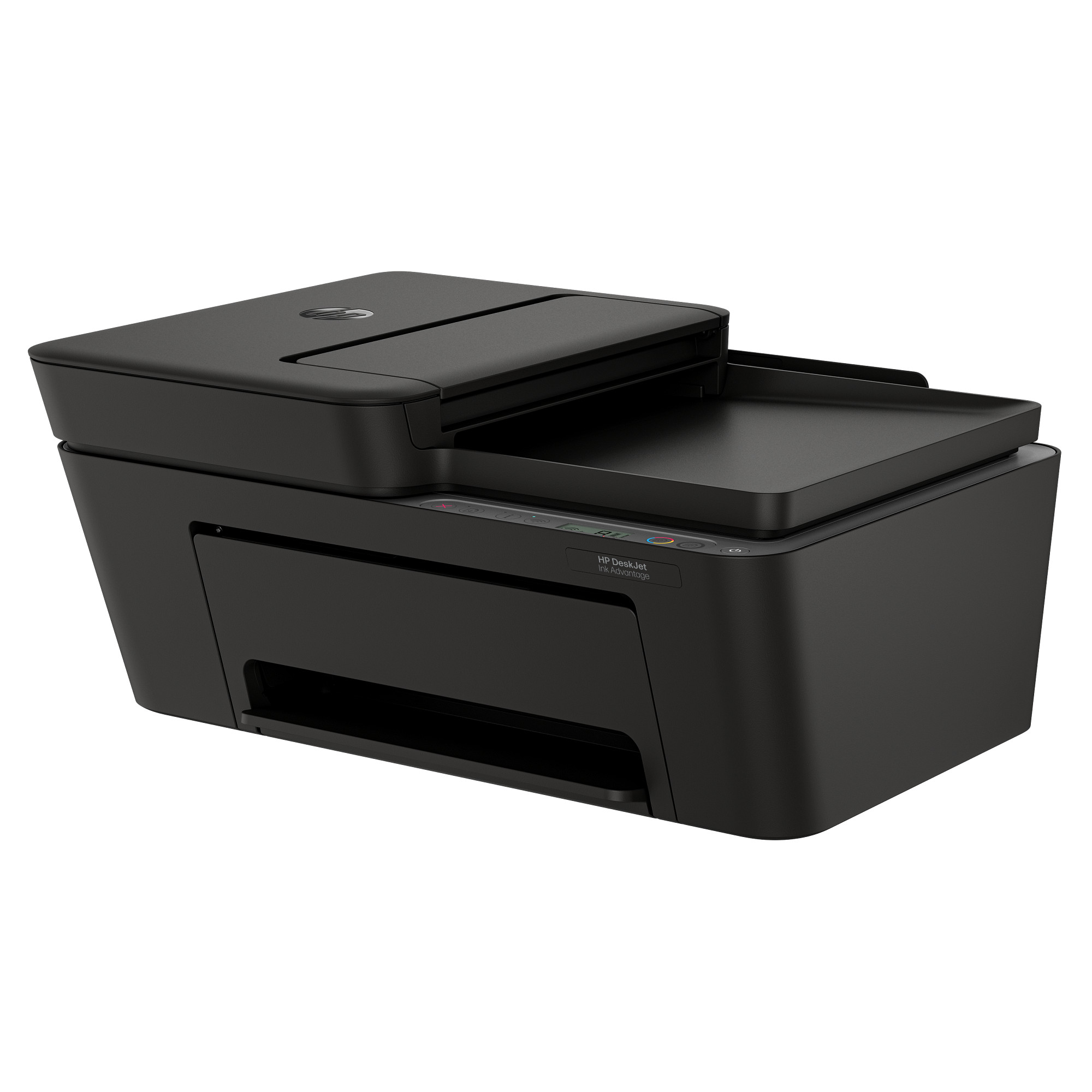 Siyah bir HP Deskjet Ink Advantage yazıcı görüntüleniyor. Düz yataklı tarayıcı ve kağıt tepsisi olan çok işlevli bir cihaz.