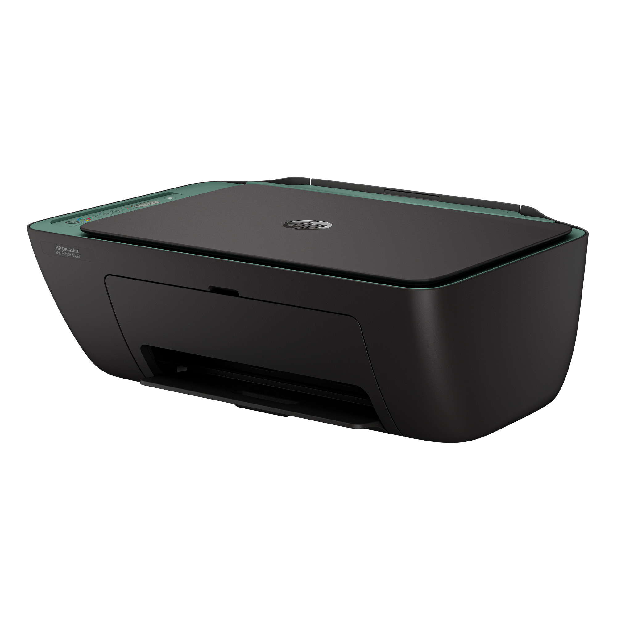 Yeşil üstü olan siyah bir HP DeskJet yazıcı, beyaz bir arka plan üzerinde izole edilmiştir.