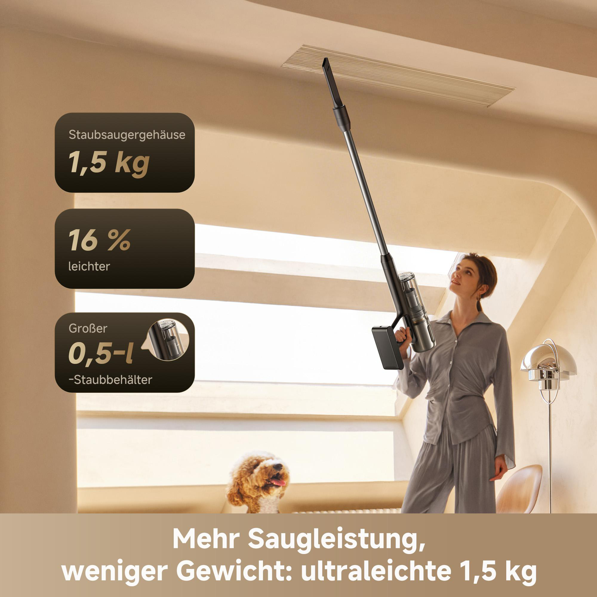 Eine Frau benutzt einen Staubsauger an der Decke. Ein Hund ist im Hintergrund. Der Text zeigt, dass der Staubsauger 1,5 kg wiegt.