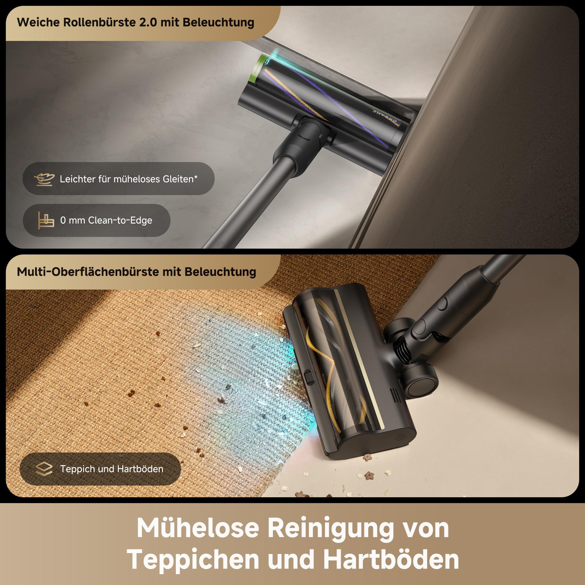 Das Bild zeigt einen Staubsauger mit zwei Reinigungsaufsätzen, wobei Funktionen wie Kantenreinigung und Teppichreinigung hervorgehoben werden.