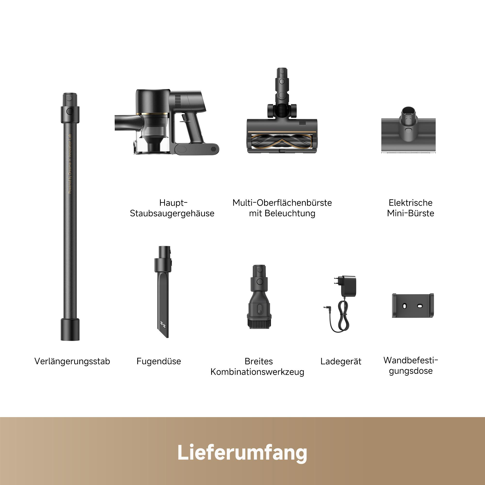 Das Bild zeigt Staubsaugerteile: Verlängerungsstab, Hauptteil, Bürsten, Ladegerät und Wandhalterung.