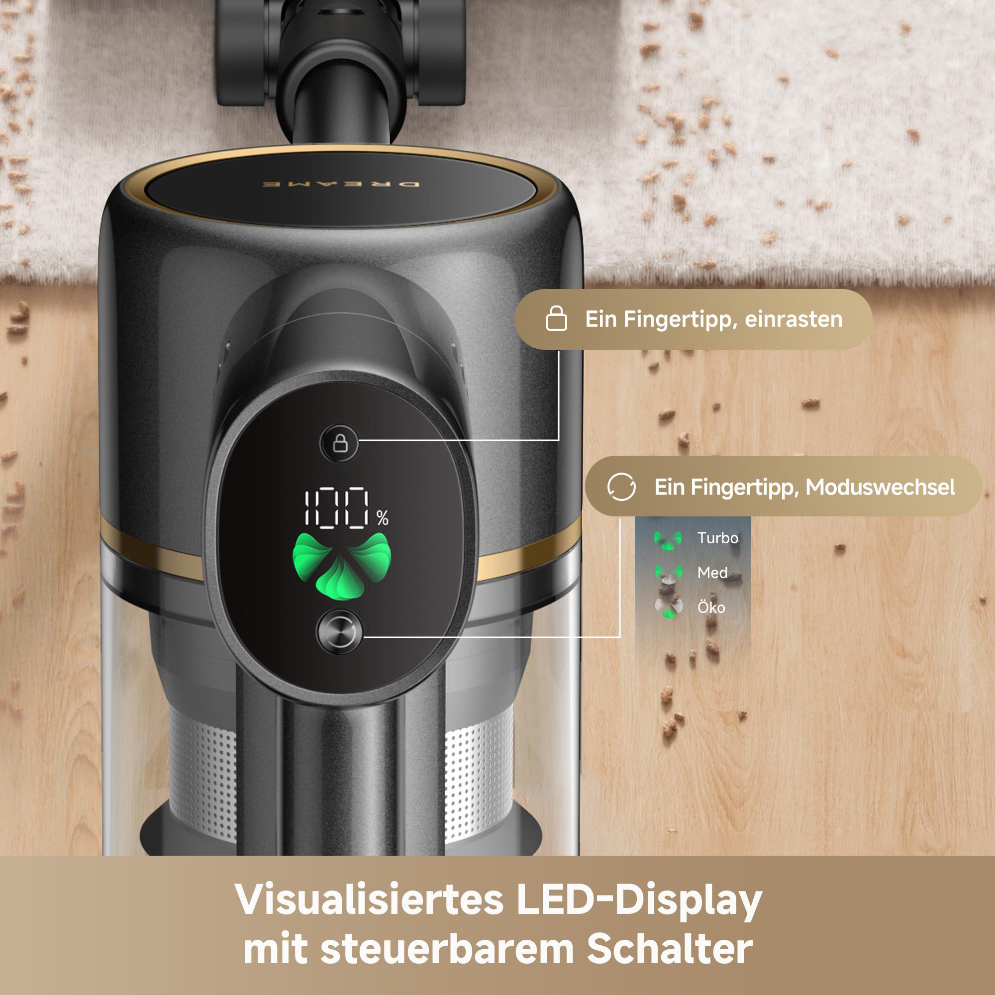 Nahaufnahme eines Staubsaugers mit Digitalanzeige, die Akkustand und Reinigungsmodi zeigt. Der Text lautet 'Visualisiertes LED-Display'.