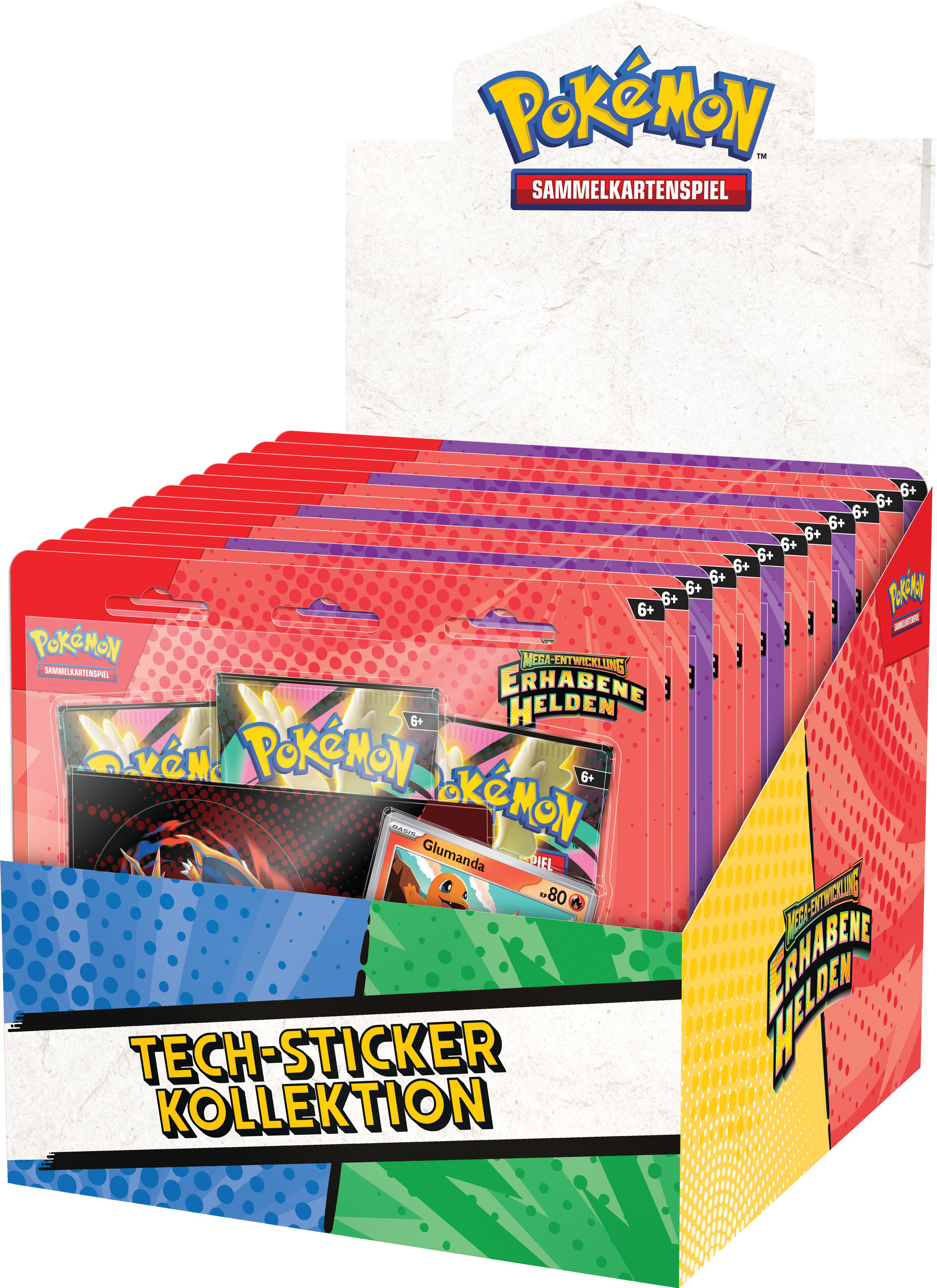 Eine Displaybox mit Pokemon-Kartenpackungen. Die Box hat rote, lila und gelbe Farbschemata. Pokemon-Logos sind sichtbar.