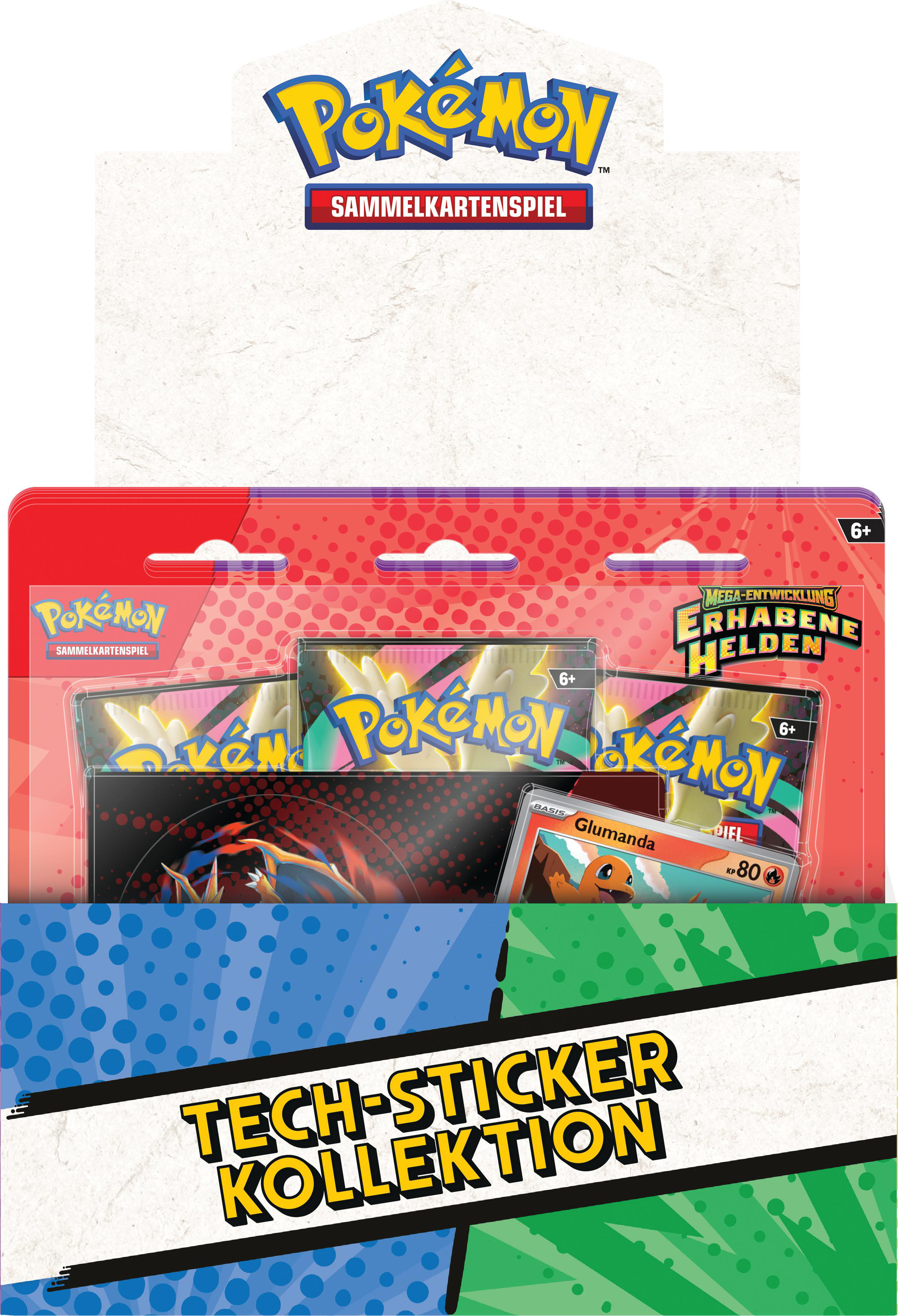 Eine Pokémon-Kartenspielpackung mit Packs, einer Glumanda-Karte und dem Text 'Tech-Sticker Kollektion'.