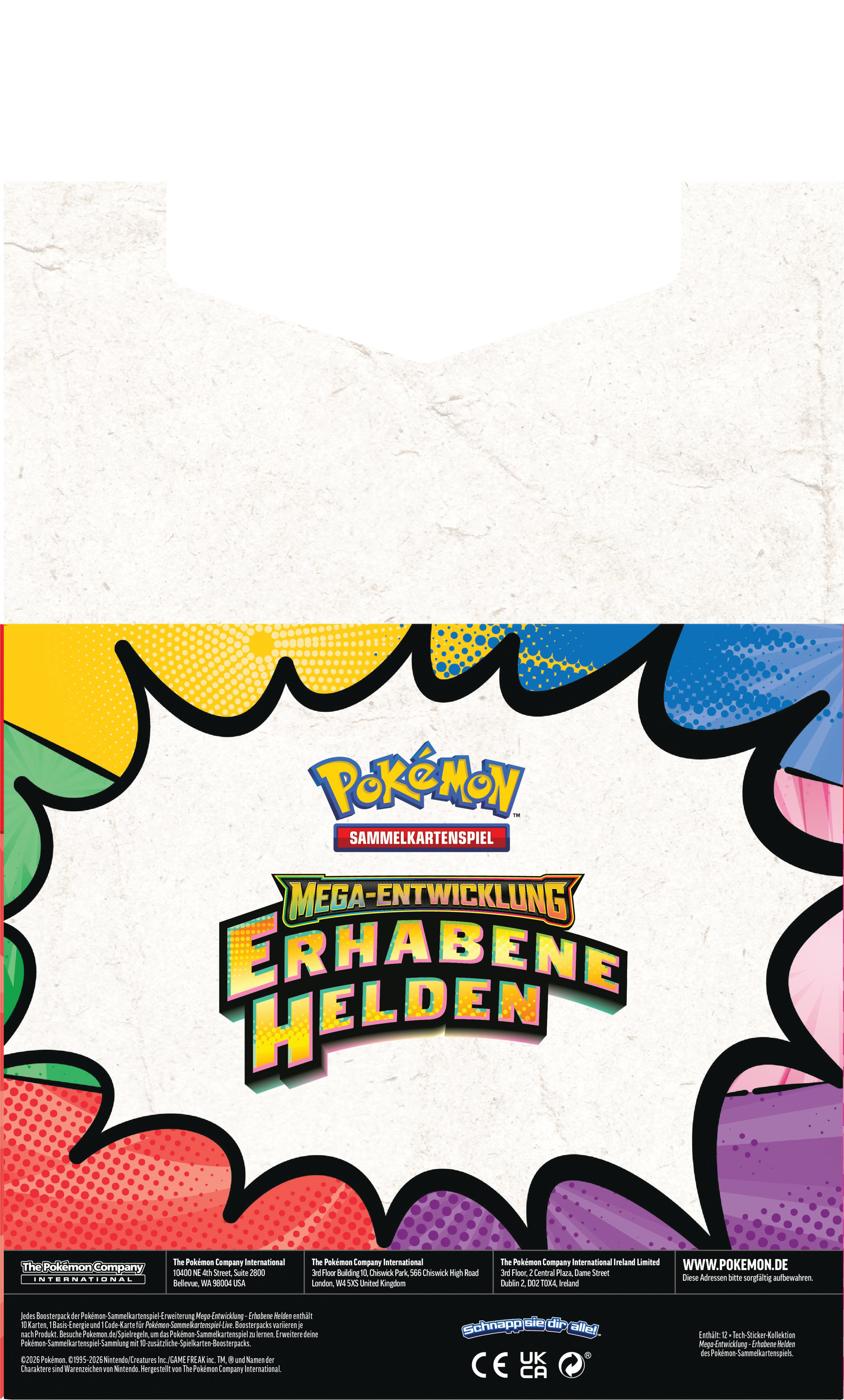 Kartonverpackung mit dem Pokémon-Logo. Es steht 'Mega-Entwicklung Erhabene Helden' mit bunten Comic-Grafiken.
