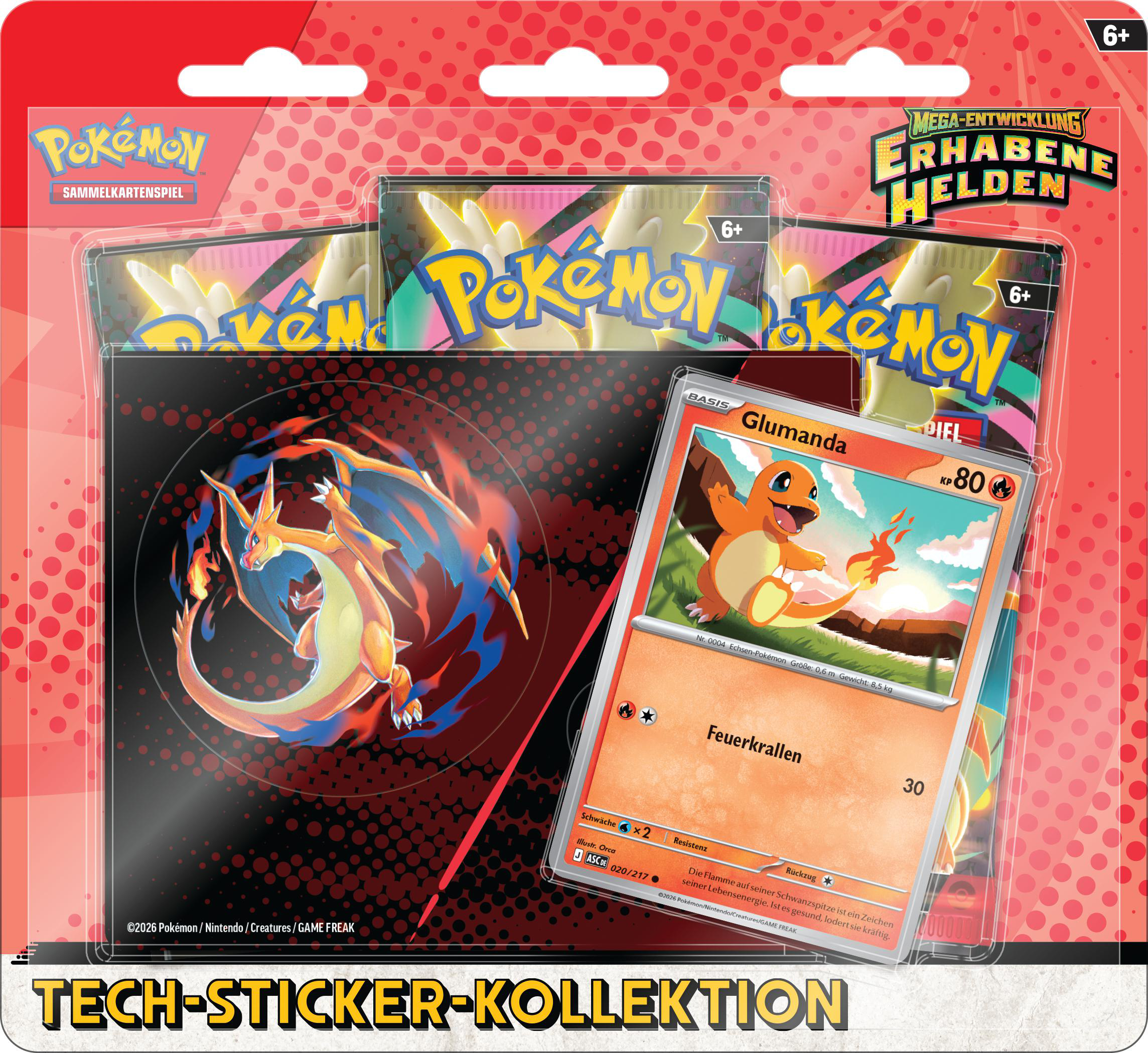 Pokémon TCG: Mega Entwicklung ME02.5 Tech-Sticker-Kollektion 3-Pack-Blister – Erhabene Helden Glumanda (DE