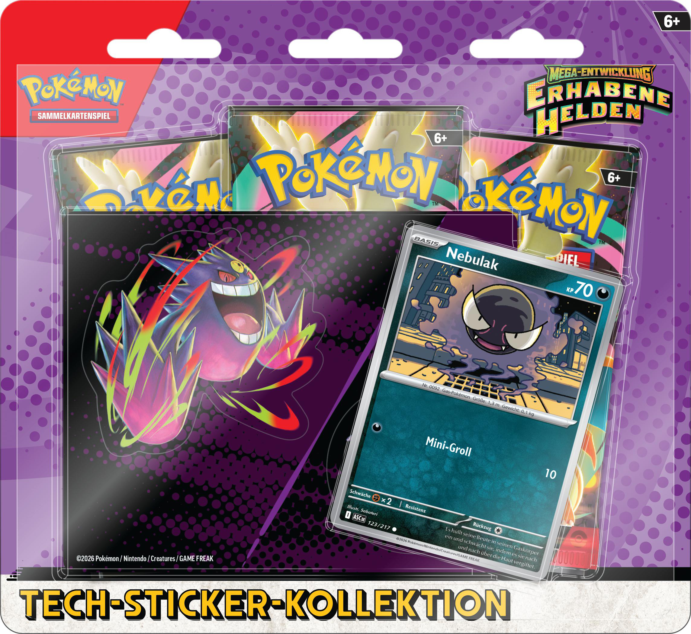 Eine Pokémon-Kartenpackung zeigt drei Packungen mit einem Gengar-Aufkleber. Die Karte zeigt einen Nebulak-Charakter.