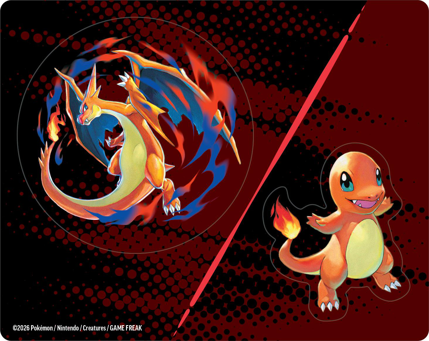 Das Bild zeigt Charizard in einem Flammenkreis und Charmander auf rotem Punktmusterhintergrund mit roter Diagonallinie.