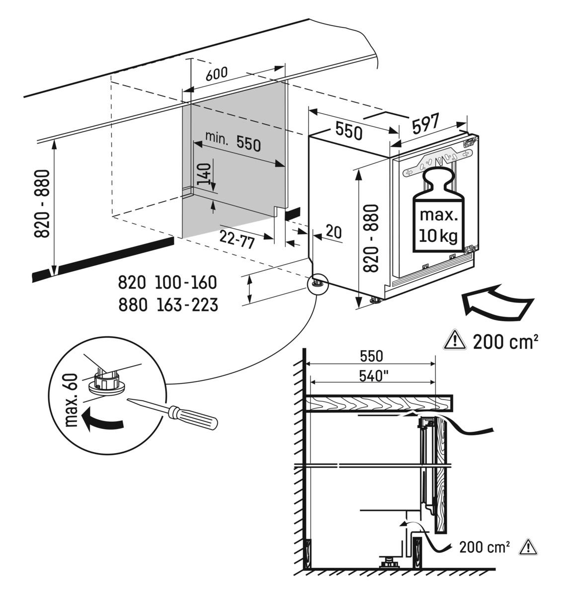 Diagramm eines Geschirrspülers mit Abmessungen und Installationsanweisungen, einschließlich Tragfähigkeit und Belüftungsbereich.
