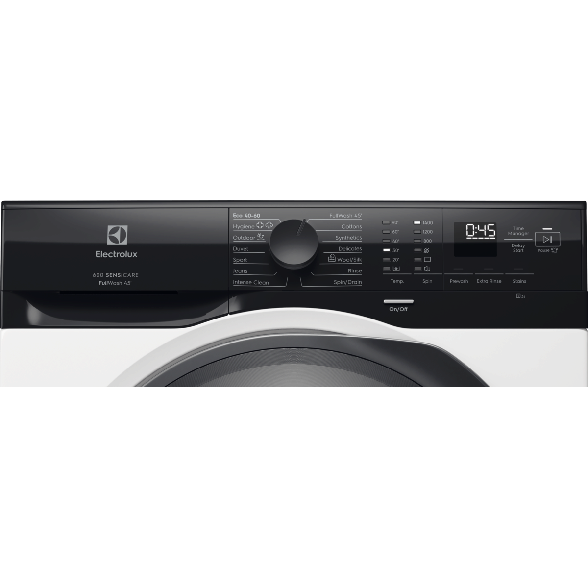 Egy fekete-fehér Electrolux mosógép vezérlőpaneljének közelképe, programbeállításokkal és digitális időzítővel.