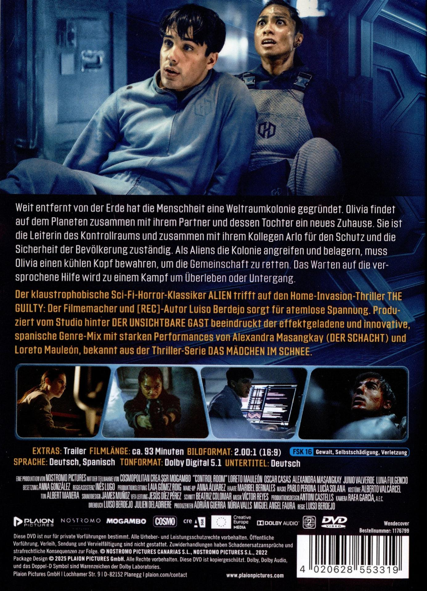 Zwei Personen in grauen Uniformen blicken nach oben. Text auf Deutsch und Filmdetails sind sichtbar.