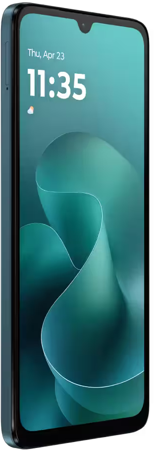 Ein türkisfarbenes Smartphone zeigt Datum, Uhrzeit (11:35) und ein Wettersymbol. Es hat einen gebogenen Bildschirm und einen türkisblauen Rahmen.