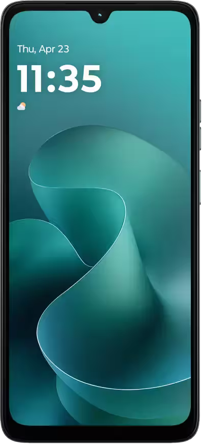 Smartphone-Bildschirm mit Datum, Uhrzeit und einem abstrakten grünen Hintergrund mit wellenförmigen Linien.