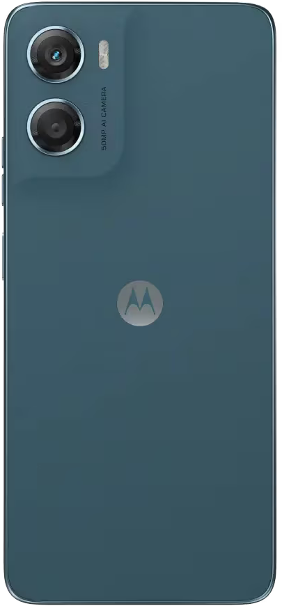 Rückseite eines türkisfarbenen Smartphones. Doppelkamera oben, Motorola-Logo in der Mitte, 50MP AI-Kamera.