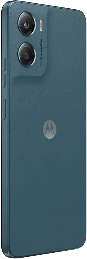 Ein türkisfarbenes Smartphone der Marke Motorola. Doppelkamera, Blitz und Logo sichtbar. Lautstärketasten an der Seite.