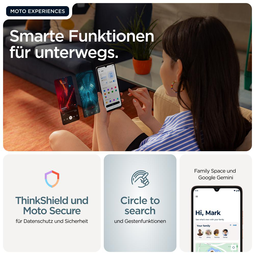 Frau hält Telefon, zeigt Funktionen. Enthält Symbole und Text zu Sicherheit, Suche und Familienbereich. Im Hintergrund ist eine Pflanze.