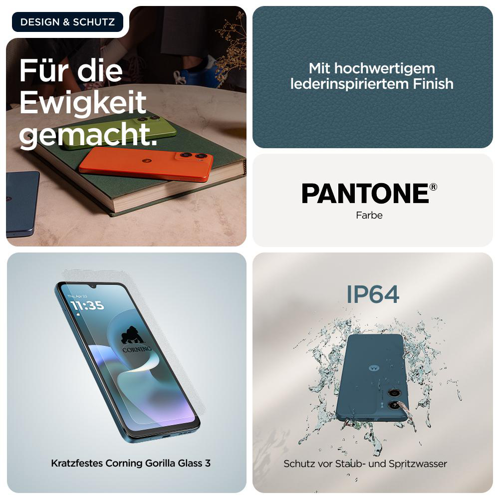 Bild mit Handys, Text über Design, Schutz, Corning-Glas, IP64 und lederinspiriertes Finish. Enthält Pantone-Farbinformationen.