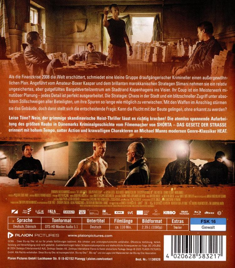 DVD-Cover. Männer in Anzügen, ein Gebäude und Text. Der Film handelt von einem Raubüberfall.