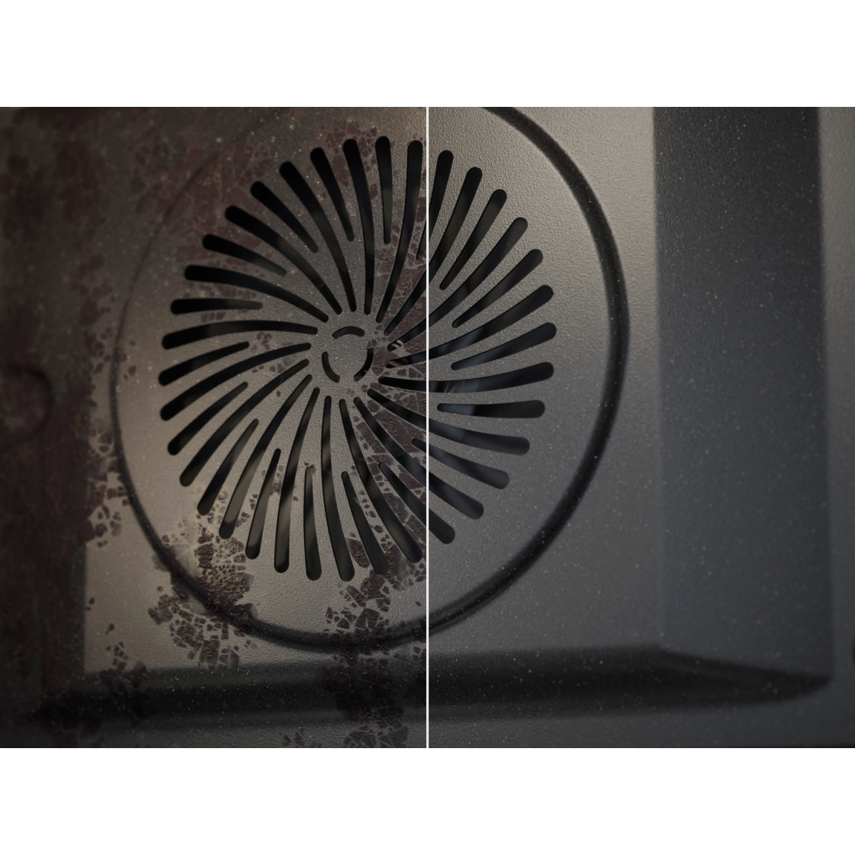 Sütőventilátor tisztítás előtt és után. A bal oldal piszkos, odaégett ételmaradékkal. A jobb oldal tiszta. Mindkét oldalon láthatók a ventilátor részletei.