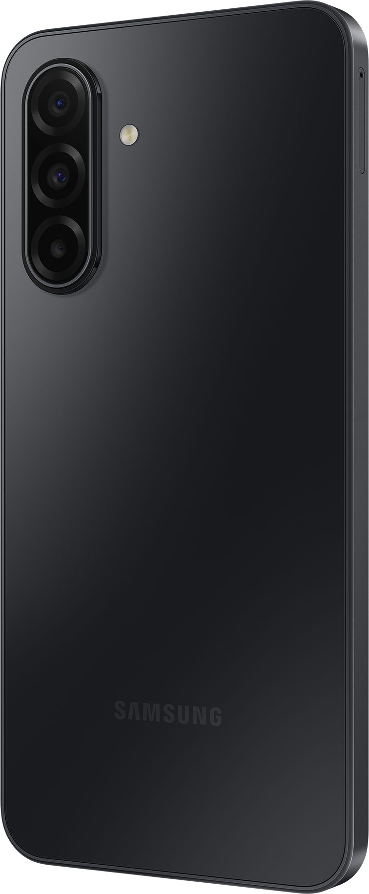 Schwarze Smartphone-Rückseite mit drei Kameralinsen, einem Blitz und dem Samsung-Logo. Schlankes, dunkles Design.