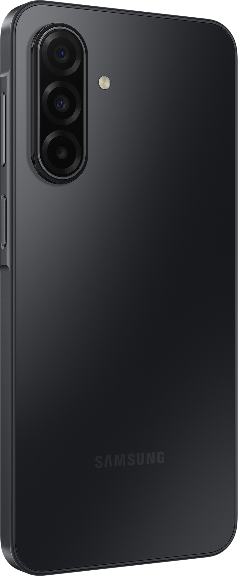 Ein schwarzes Samsung-Handy. Es hat drei vertikale Kameras. Das Samsung-Logo befindet sich unten, ein Seitentaste ist sichtbar.