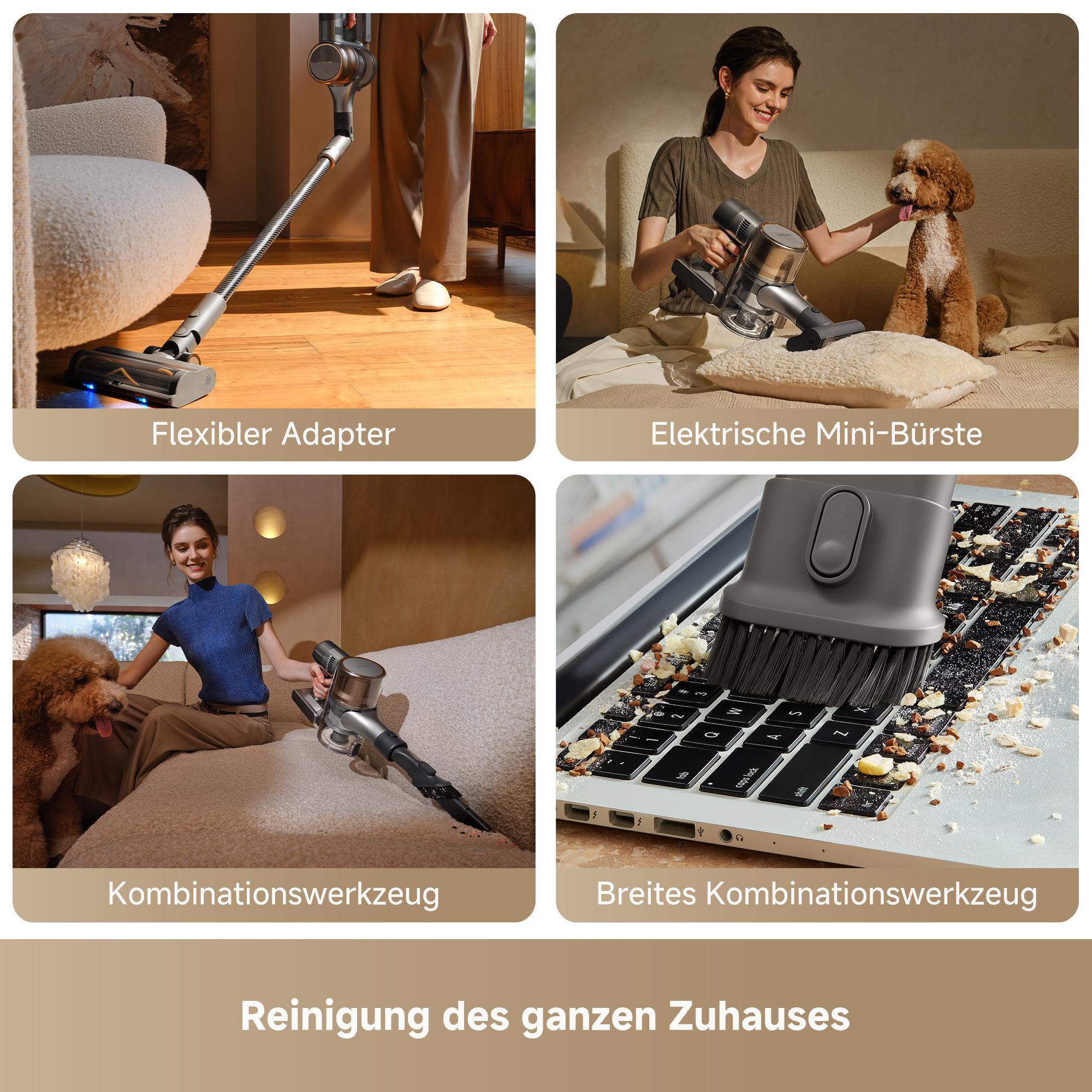 Das Bild zeigt einen Staubsauger mit verschiedenen Aufsätzen, die auf verschiedenen Oberflächen und Gegenständen verwendet werden.