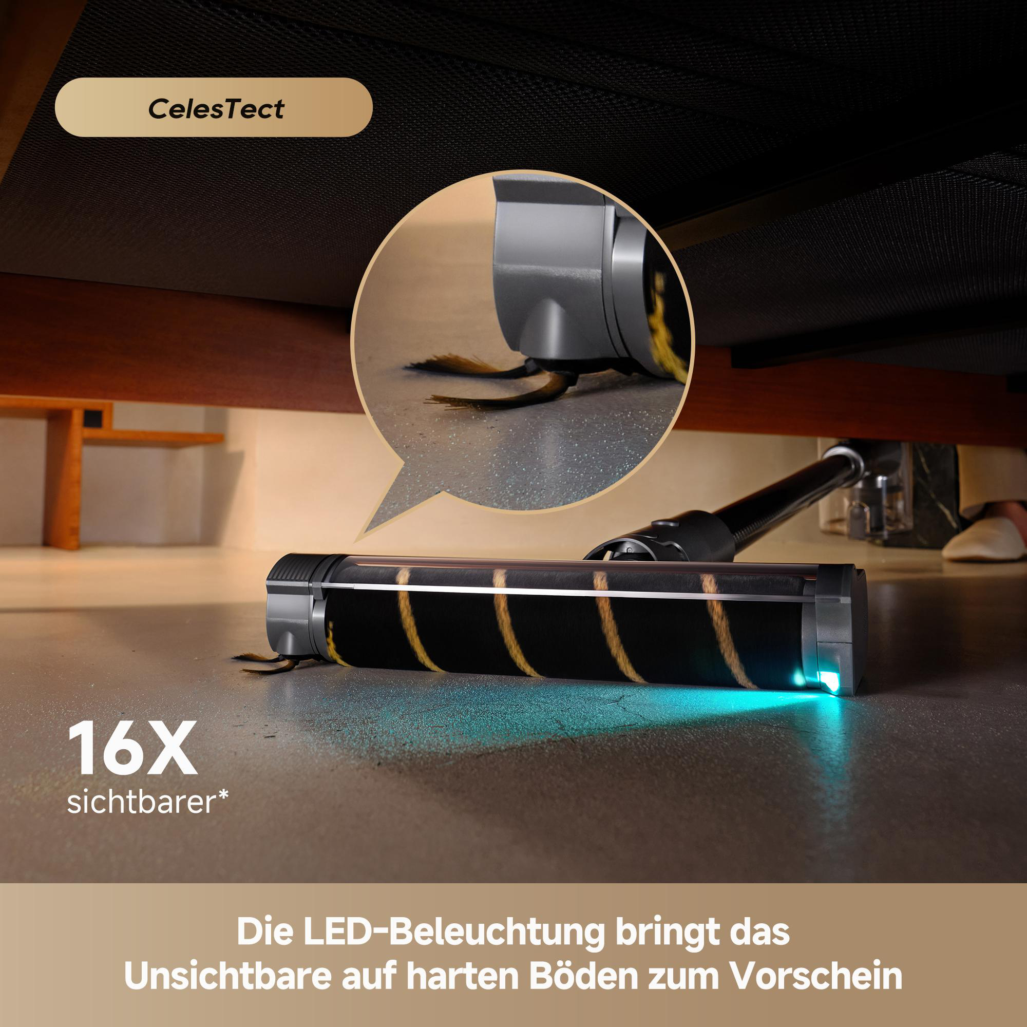 Staubsauger reinigt unter Möbeln. Der Staubsauger hat eine Rolle und ein Licht. Die Szene zeigt die 'CelesTect'-Funktion.