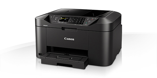 Ein schwarzer Canon MAXIFY-Drucker vor weißem Hintergrund. Das Papierfach ist geöffnet.
