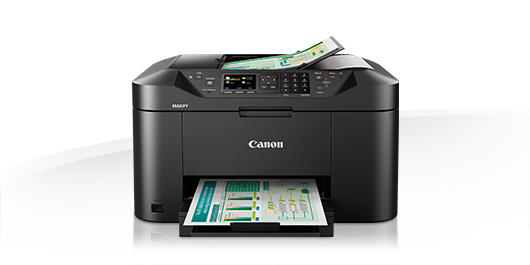 Ein schwarzer Canon MAXIFY-Drucker mit ausgedruckten Papieren. Der Drucker befindet sich auf weißem Hintergrund.