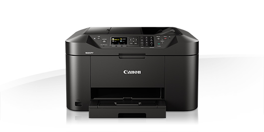 Ein schwarzer Canon-Drucker mit geöffnetem vorderen Fach. Der Drucker hat ein Bedienfeld mit Tasten und einem Bildschirm.