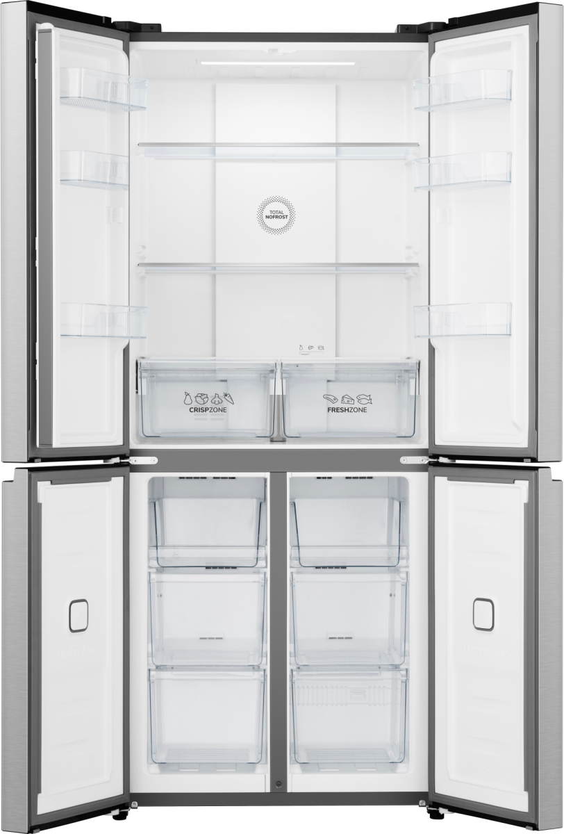 Offener Kühlschrank. Obere Türen offen, Regale sichtbar. Untere Türen offen mit Schubladen. Crisp- und Fresh-Zonen sind sichtbar.