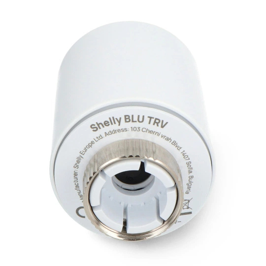 Biały termostat Shelly BLU TRV. Ma cylindryczny korpus z metalowym pierścieniem i białym otworem na dole.